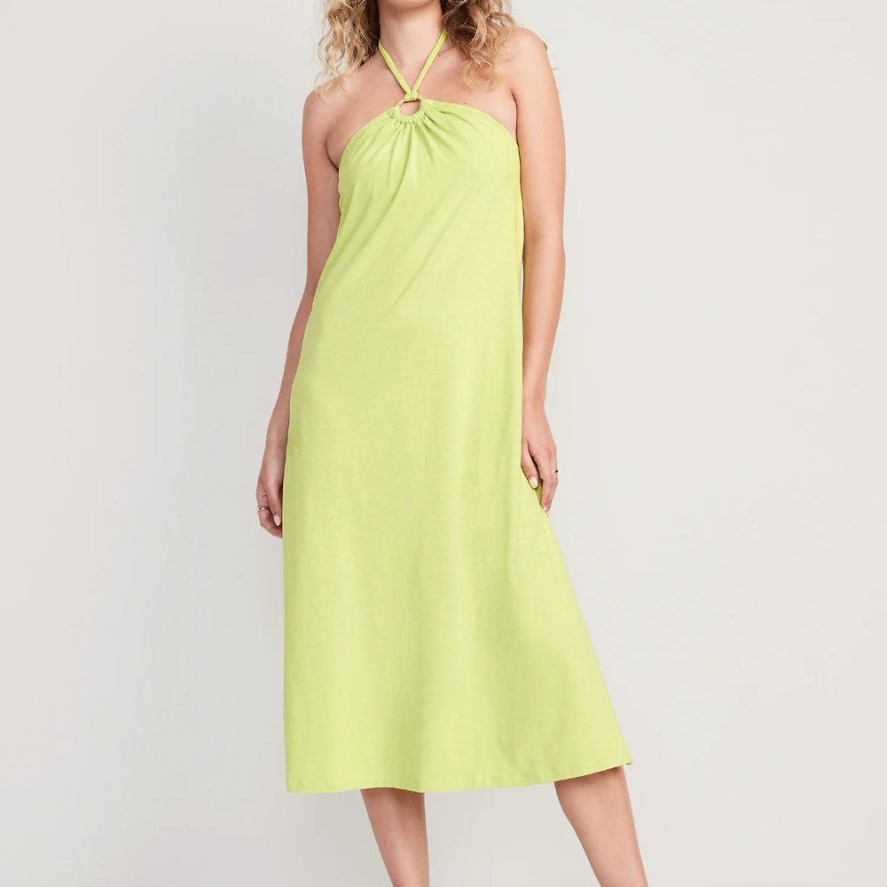 Old Navy Slub-Knit Halter Midi Shift Dress Neon Green Size Medium